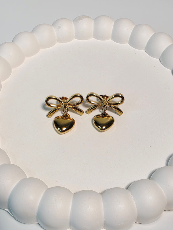 Gold Heart Bow Earrings