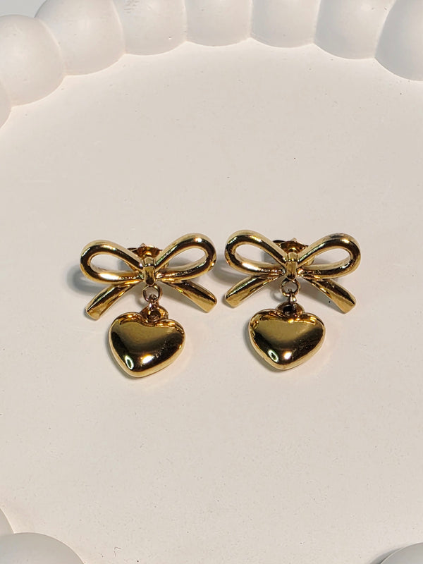 Gold Heart Bow Earrings